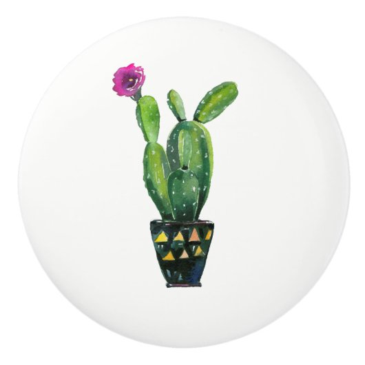 Cactus Paarse Bloem Boho Landelijk Zuidwesters Keramische Knop (Voorkant)
