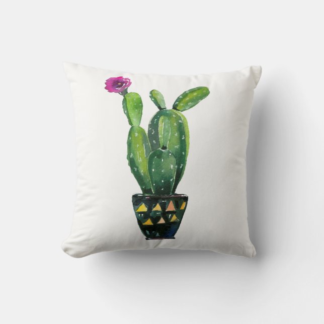 Cactus Paarse Floral Waterverf Southwestern Boho Kussen (Voorkant)