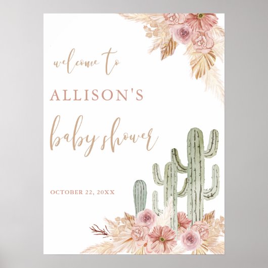 Cactus pampas gras boho baby shower welkomstbord poster (Voorkant)