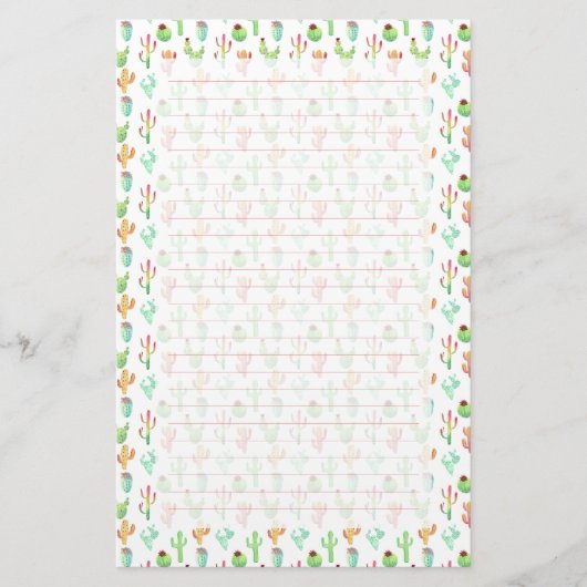 Cactus Pastel Waterverf Patroon Briefpapier (Voorkant)