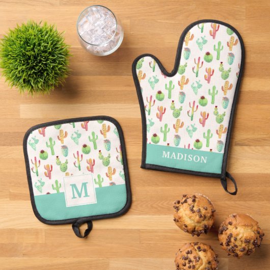 Cactus Pastel Waterverf Patroon Ovenwant & Pannenlap Set (Top down)