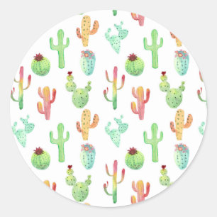 Cactus Pastel Waterverf Patroon Ronde Sticker
