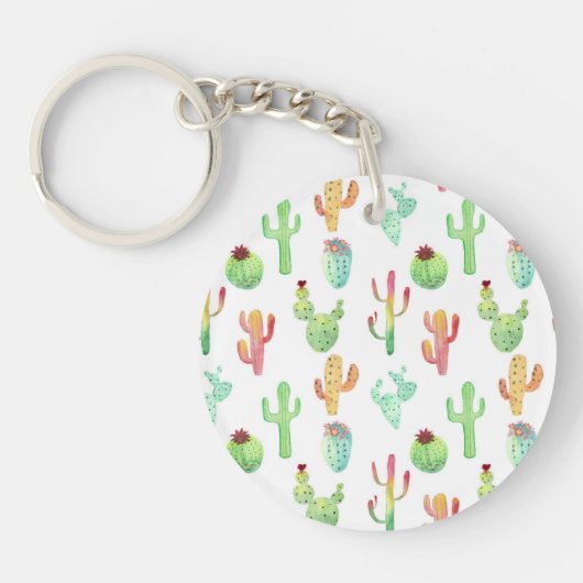 Cactus Pastel Waterverf Patroon Sleutelhanger (Voorkant)