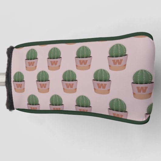 Cactus Patroon Monogram Roze en Groene putter Golfheadcover (Voorkant)