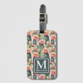 Cactus patroon roze bloemen monogram bagagelabel (Voorkant (verticaal))