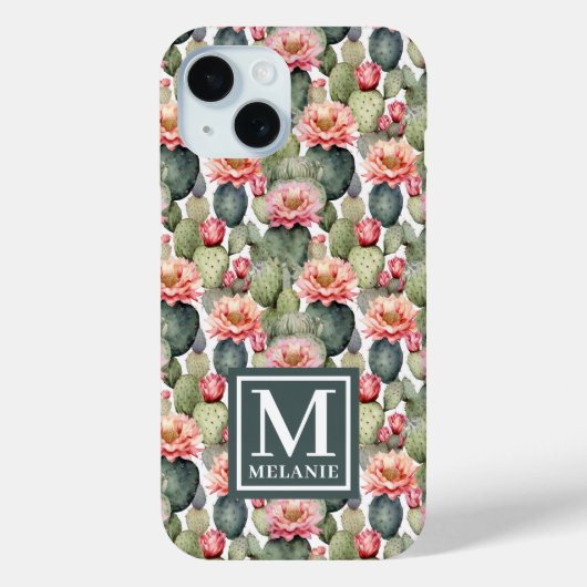 Cactus patroon roze bloemen monogram Case-Mate iPhone case (Achterkant)