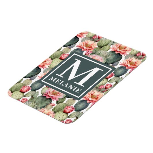Cactus Patroon Roze Bloemen Monogram Flexibel Magneet (Linkerzijde)