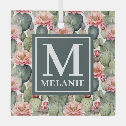 Cactus patroon roze bloemen monogram glas ornament (Voorkant)