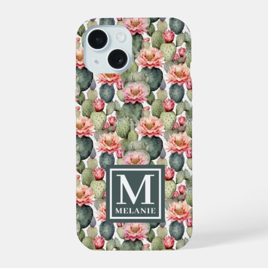 Cactus patroon roze bloemen monogram iPhone 15 case (Achterkant)