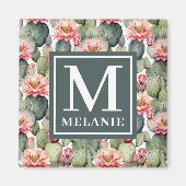 Cactus patroon roze bloemen monogram magneet (Voorkant)