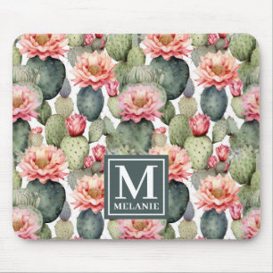 Cactus patroon roze bloemen monogram muismat
