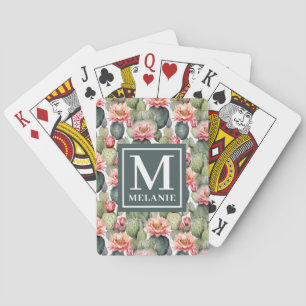 Cactus patroon roze bloemen monogram pokerkaarten