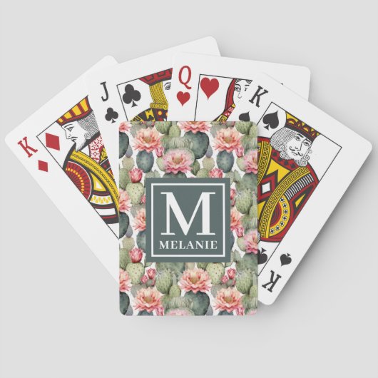 Cactus patroon roze bloemen monogram pokerkaarten (Achterkant)