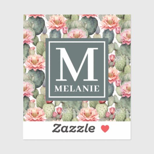 Cactus patroon roze bloemen monogram sticker (Vel)