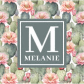 Cactus patroon roze bloemen monogram sticker (Voorkant)