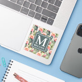 Cactus patroon roze bloemen monogram sticker (Laptop met iPhone)
