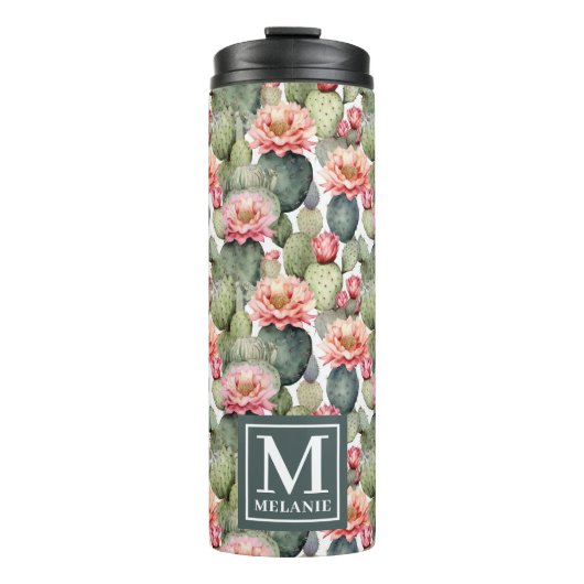 Cactus patroon roze bloemen monogram thermosbeker (Voorkant)