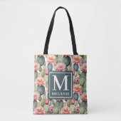 Cactus patroon roze bloemen monogram tote bag (Voorkant)