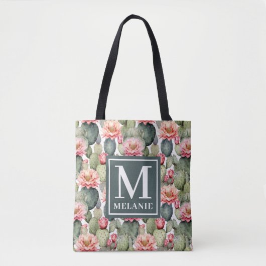 Cactus patroon roze bloemen monogram tote bag (Voorkant)