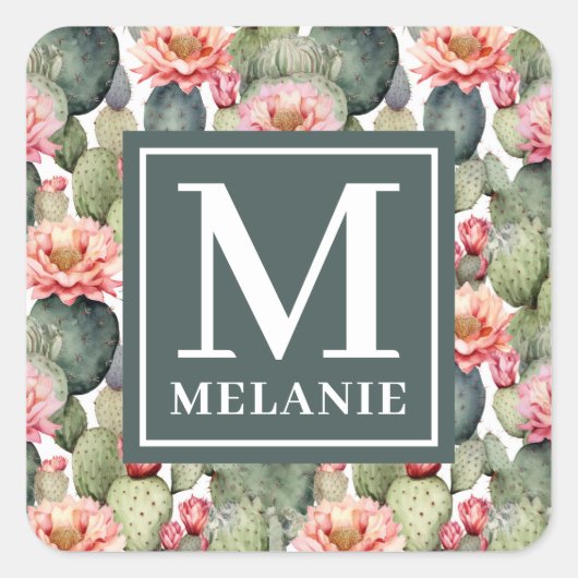 Cactus patroon roze bloemen monogram vierkante sticker (Voorkant)