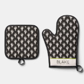 Cactus Patroon Zwart NAAM Woestijn Zuidwest Plezie Ovenwant & Pannenlap Set (Voorkant)