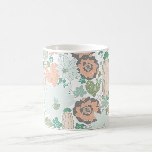 Cactus Pattern Cute Print Coral Mint Grey Koffiemok (Center)