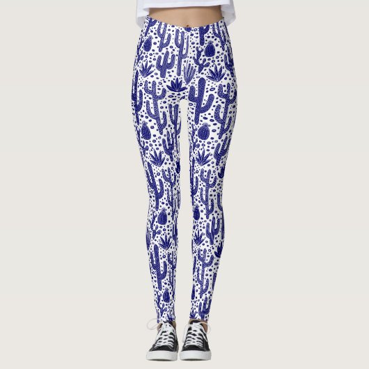 Cactus Pattern - Donkerblauw en wit Leggings (Voorkant)