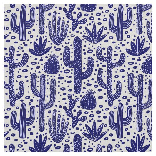 Cactus Pattern - Donkerblauw en wit Stof (Swatch)