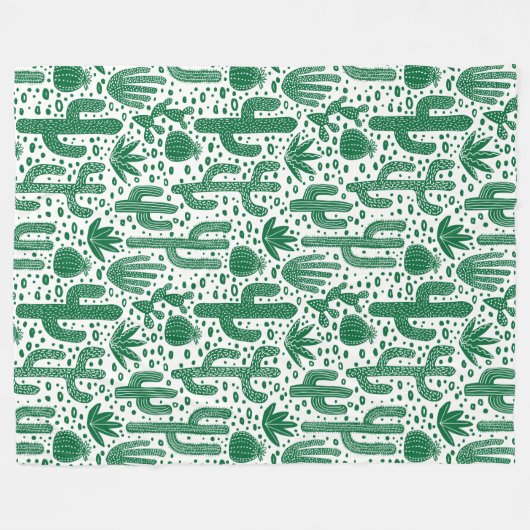 Cactus Pattern - Forest Green and White Fleece Deken (Voorkant (Horizontaal))
