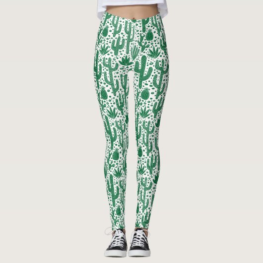 Cactus Pattern - Forest Green and White Leggings (Voorkant)