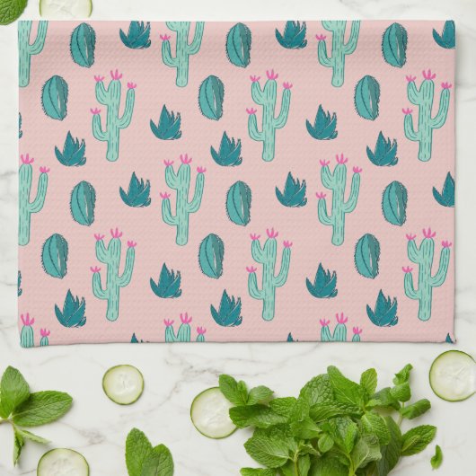 Cactus Pattern Pink and Green Theedoek (Gevouwen)