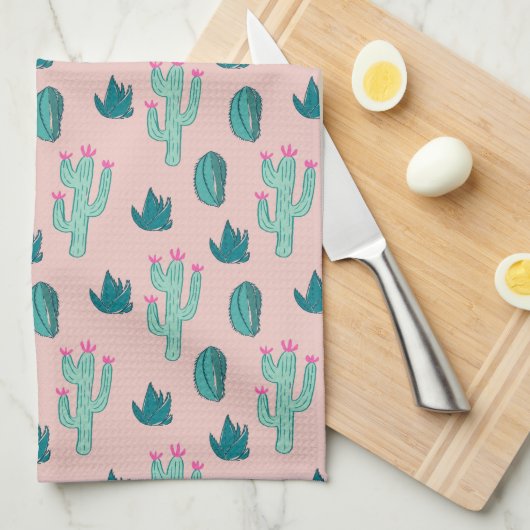 Cactus Pattern Pink and Green Theedoek (Quarter Fold)