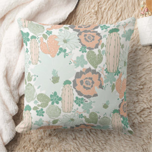 Cactus Pattern Print Cute Coral Mint Green White Kussen