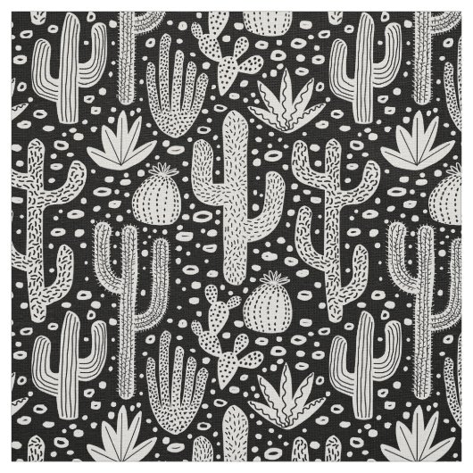 Cactus Pattern - White on Black Stof (Swatch)