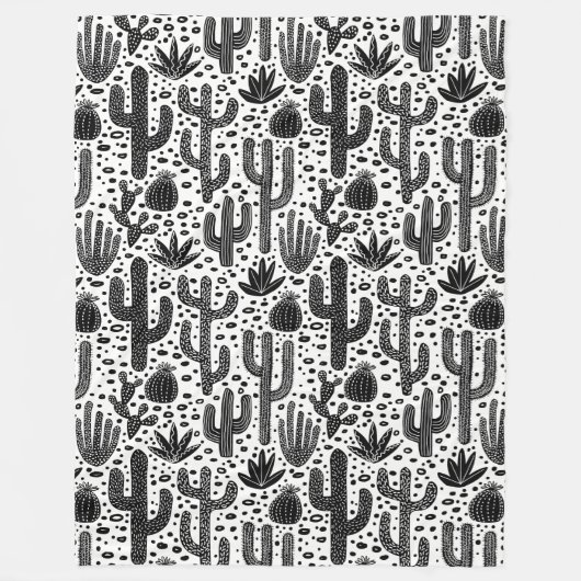 Cactus Pattern - Zwart-wit Fleece Deken (Voorkant)
