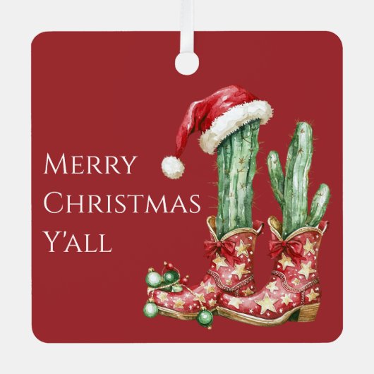 Cactus Pet Sterren Westerne Cowboy Laarzen Kerst Metalen Ornament (Voorkant)