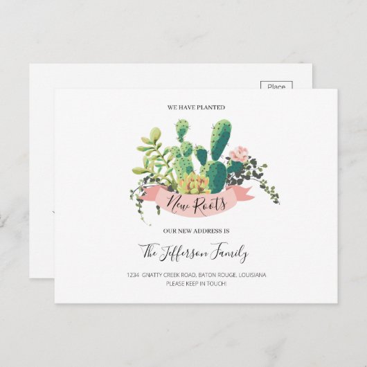 Cactus Planed New Roots Moved Moving Aankondigingskaart (Voorkant / Achterkant)