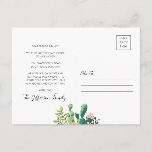 Cactus Planed New Roots Moved Moving Aankondigingskaart (Achterkant)
