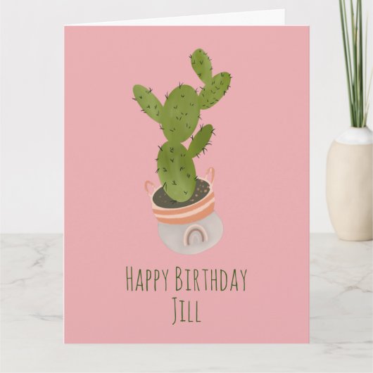 Cactus Plant Regenboog Mand Tekening  Verjaardag Kaart (Voorkant)