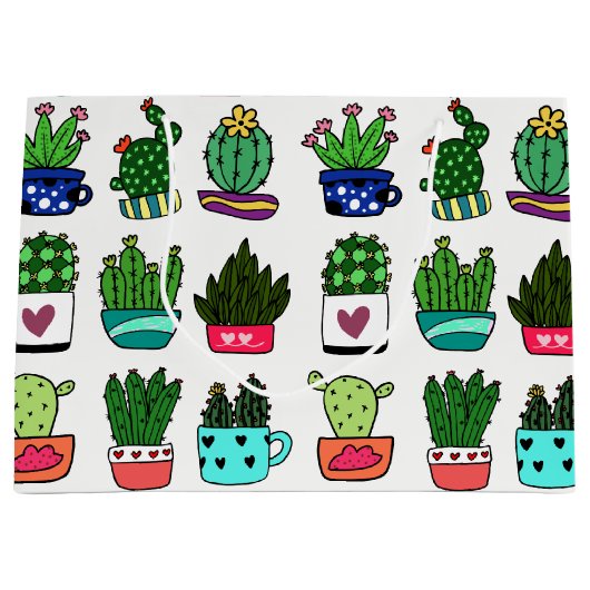 Cactus planten in kleurrijke pot grote cadeazak groot cadeauzakje (Voorkant)