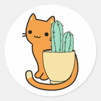 cactus pot en oranje cartoon kat ronde sticker