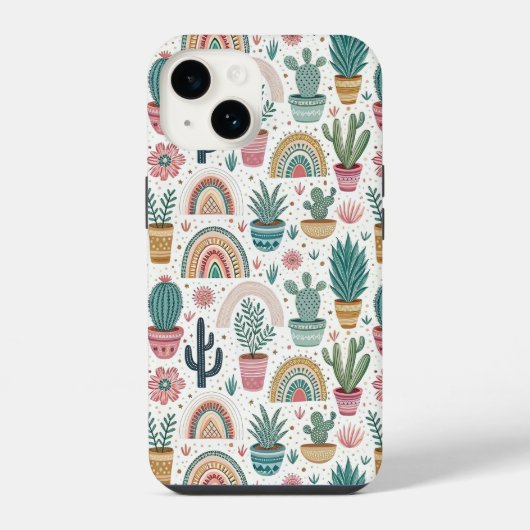 Cactus Pot with Plants, Flowers and Rainbows iPhone Hoesje (Achterkant)