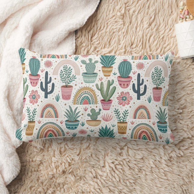 Cactus Pot with Plants, Flowers and Rainbows Kussen (Deken)