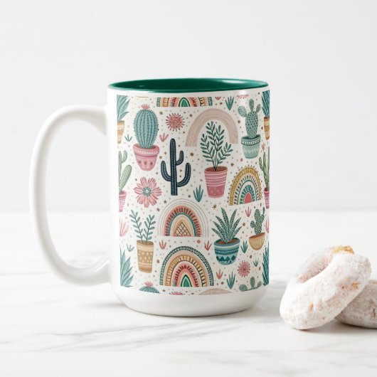 Cactus Pot with Plants, Flowers and Rainbows Tweekleurige Koffiemok (Met donut)
