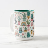 Cactus Pot with Plants, Flowers and Rainbows Tweekleurige Koffiemok (Voorkant links)
