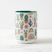 Cactus Pot with Plants, Flowers and Rainbows Tweekleurige Koffiemok (Center)
