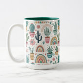 Cactus Pot with Plants, Flowers and Rainbows Tweekleurige Koffiemok (Links)