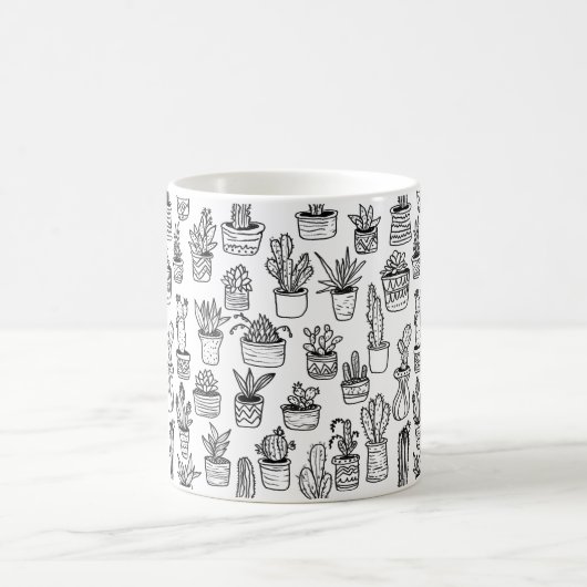 Cactus Potplanten Cute Patroon Zwart & Wit Koffiemok (Center)