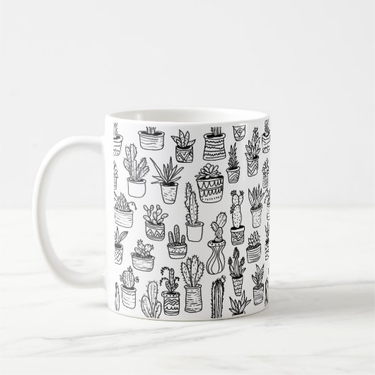 Cactus Potplanten Cute Patroon Zwart & Wit Koffiemok (Links)