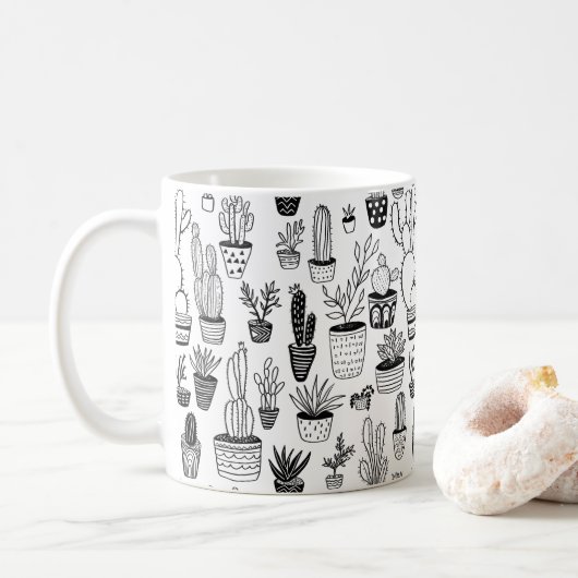 Cactus Potplanten Leuke Patroon Zwart & Wit Koffiemok (Met donut)